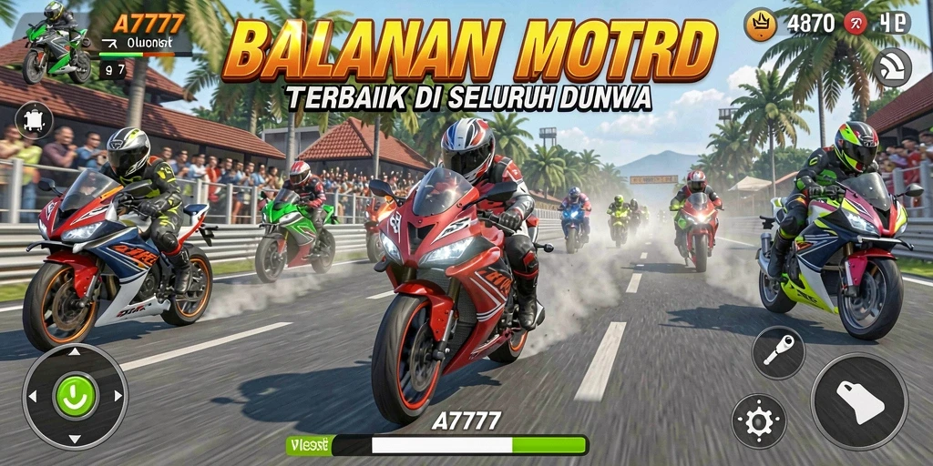 Tangkapan layar menunjukkan aksi balapan motor yang intens dalam A7777.