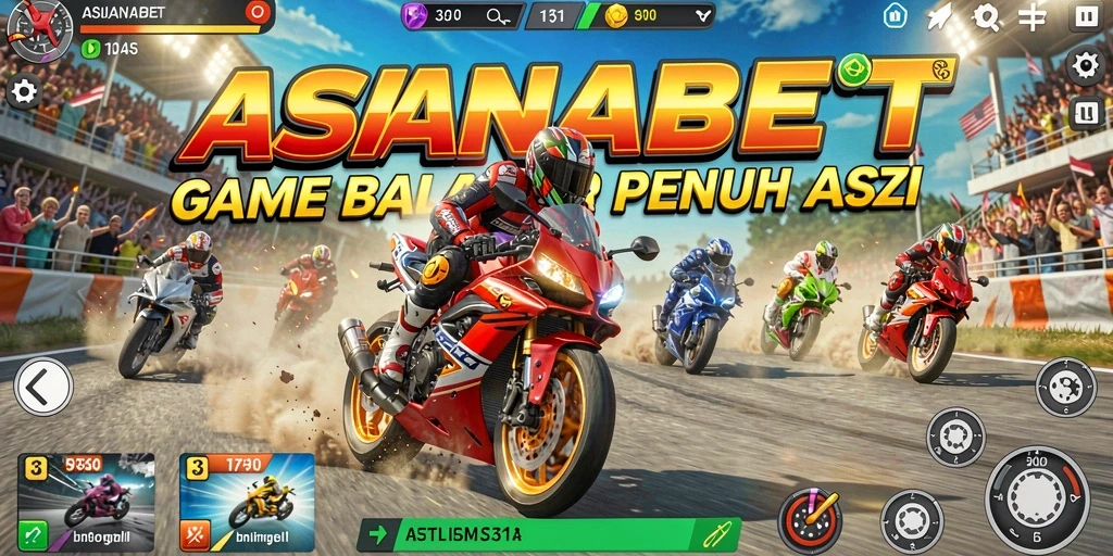 Tampilan gameplay seru dalam ASIANABET dengan motor yang cepat dan lintasan menantang.