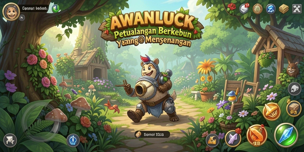 Tampilan gameplay <strong>AWANLUCK</strong> yang menampilkan kebun dan hewan ternak yang ceria.
