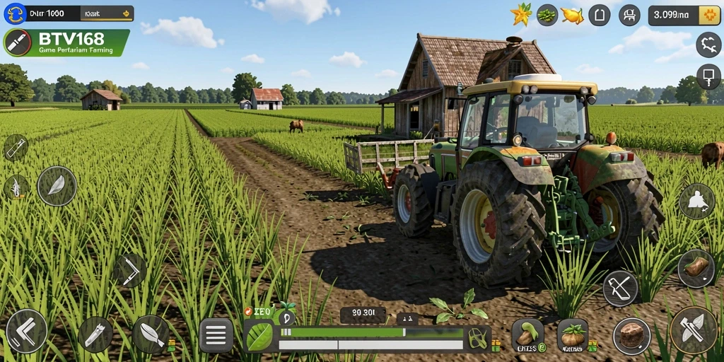 Tampilan gameplay BTV168 dengan kebun yang subur dan interaksi petani.