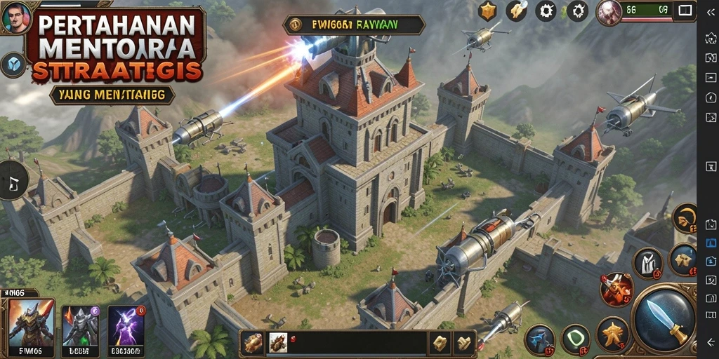 Tampilan dinamis gameplay Tower Defense FW66 dengan menara dan serangan musuh.