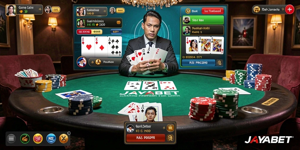 Screenshot JAYABET menampilkan gameplay poker yang mendebarkan dan interaktif.