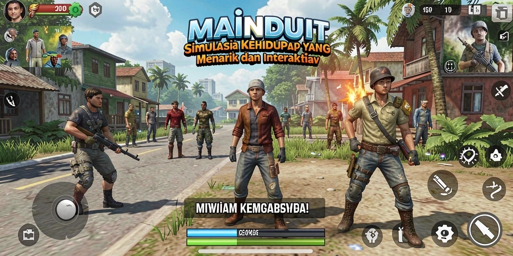 Screenshot gameplay MAINDUIT yang menunjukkan aktivitas simulasi kehidupan.
