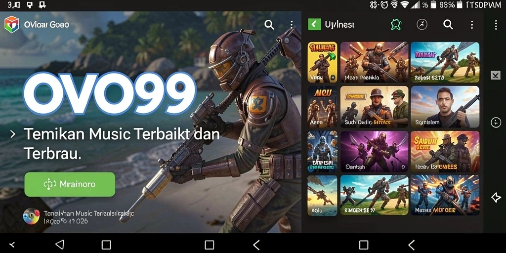 Screenshot OVO99 menampilkan antarmuka aplikasi dan pilihan lagu.